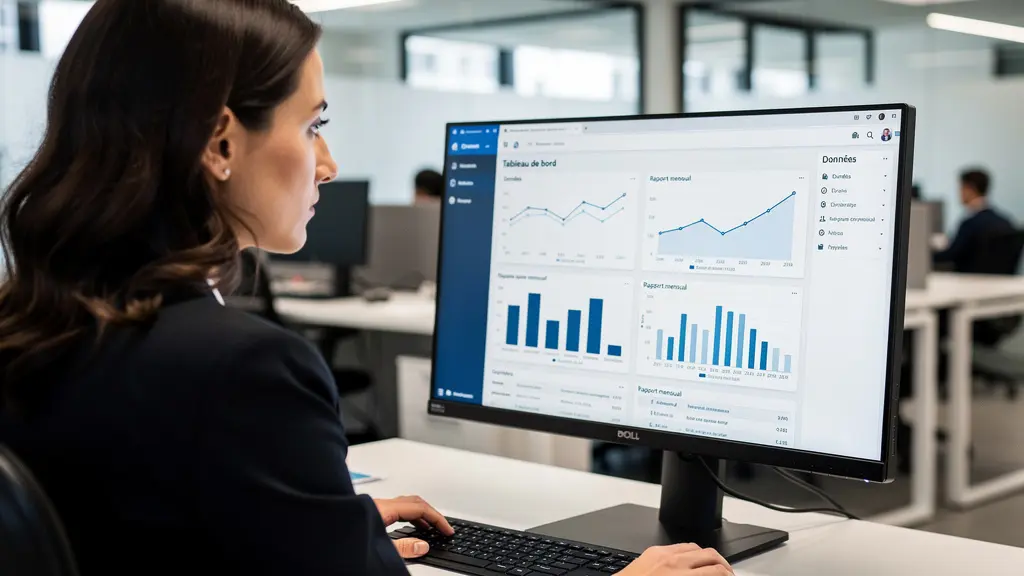 Élue CSE analysant des données économiques sur écran d'ordinateur