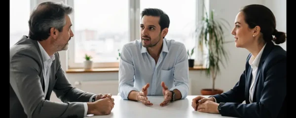 Réunion CSE animée dans salle de conférence moderne avec élus en discussion
